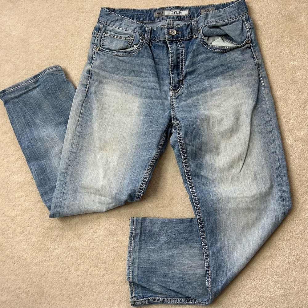 Buckle BKE Jeans Mens 33x27 Tyler Bootcut Dark Whiskered Denim Thick Stitch